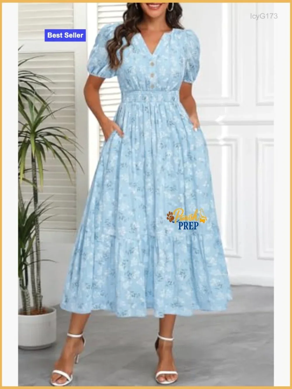 Cotton Midi Maxi Dress with Pockets, Puff Sleeves, V-Neck, Elastic Waist - Picture 3 of 7